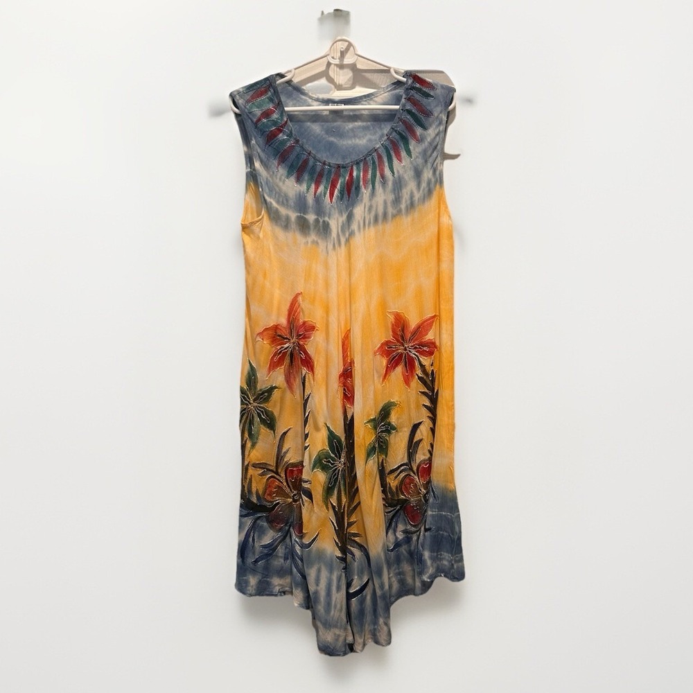 Shoreline Boho Tie Dye Floral Embroidered Sharkbite Sleeveless Dress Free Size